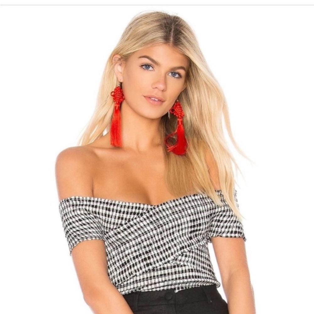 Cupcakes and Cashmere Gingham Smocked off the shoulder top